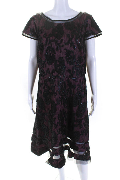 Adrianna Papell Womens Sequin Lace Cap Sleeve A Line Dress Black Magenta Size 16