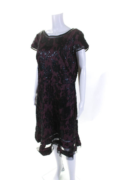 Adrianna Papell Womens Sequin Lace Cap Sleeve A Line Dress Black Magenta Size 16