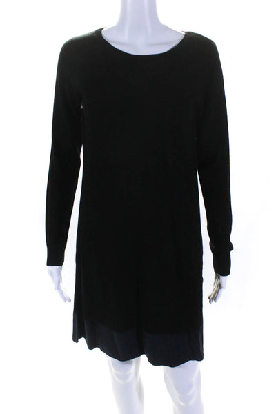 Club Monaco Womens Satin Hem Side Split Long Sleeve Sweater Dress Black Navy XS