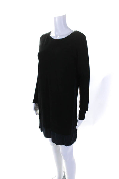 Club Monaco Womens Satin Hem Side Split Long Sleeve Sweater Dress Black Navy XS