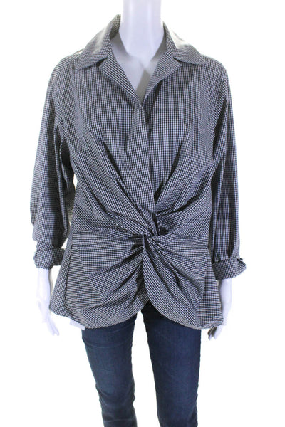 A'nue Ligne Womens Plaid Twist Knot Front Shirt Black White Size Large