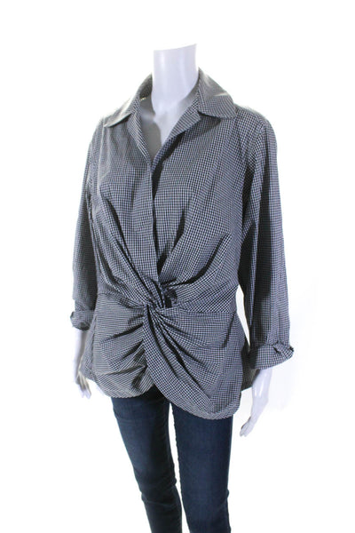 A'nue Ligne Womens Plaid Twist Knot Front Shirt Black White Size Large