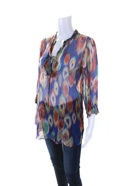 Rory Beca Womens Abstract Chiffon Y Neck Top Blouse Blue Orange Size Small
