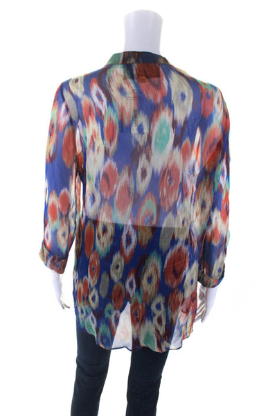 Rory Beca Womens Abstract Chiffon Y Neck Top Blouse Blue Orange Size Small
