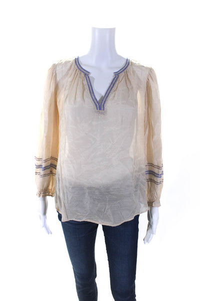 Velvet Womens Metallic Embroidered Long Sleeve Y Neck Top Blouse Beige Medium