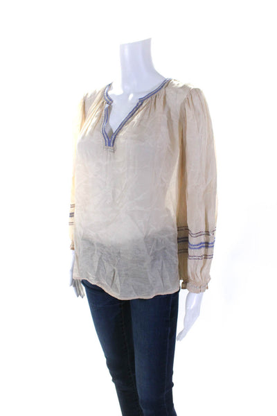 Velvet Womens Metallic Embroidered Long Sleeve Y Neck Top Blouse Beige Medium