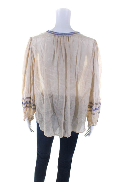 Velvet Womens Metallic Embroidered Long Sleeve Y Neck Top Blouse Beige Medium