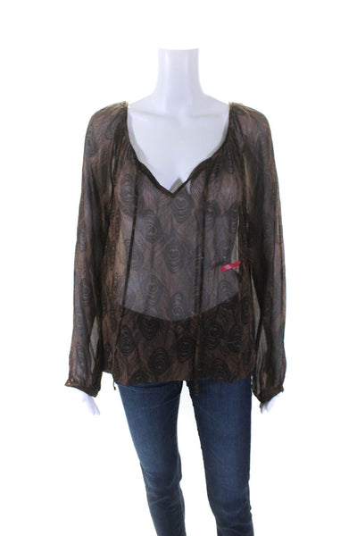 Club Monaco Womens Peacock Feather Print Long Sleeve Top Blouse Brown Medium