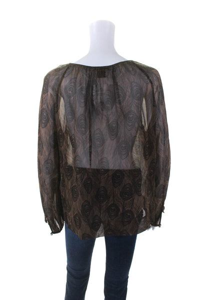 Club Monaco Womens Peacock Feather Print Long Sleeve Top Blouse Brown Medium