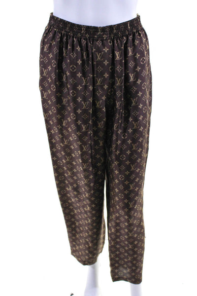 Louis Vuitton Womens Elastic Monogram Satin Pajama Lounge Pants Brown Silk FR 34