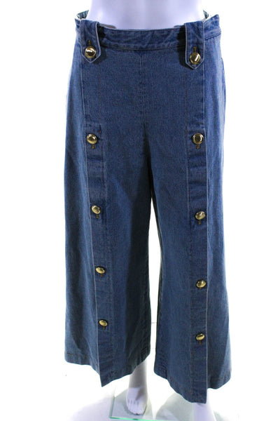 Rosetta Getty Womens High Rise Button Front Split Wide Leg Denim Pants Blue Sz 6