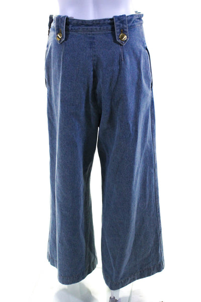 Rosetta Getty Womens High Rise Button Front Split Wide Leg Denim Pants Blue Sz 6