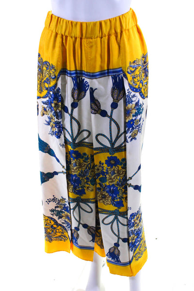 Gucci Womens Elastic Waist Wide Leg Floral Satin Crop Pants Blue Yellow IT 38