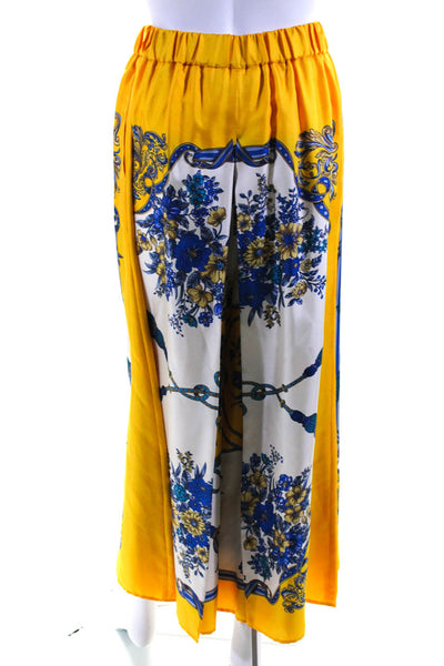 Gucci Womens Elastic Waist Wide Leg Floral Satin Crop Pants Blue Yellow IT 38