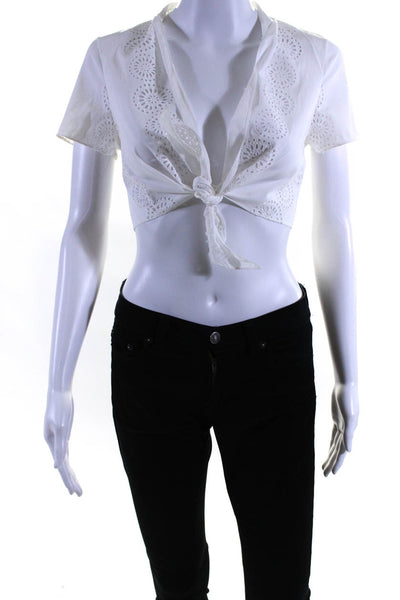 Alaia Womens Embroidered Eyelet Tie Front Poplin Crop Top Blouse White FR 38
