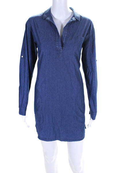 ATM Womens Collared V-Neck Cotton Chambray Shirt Dress With Pockets Blue Size S