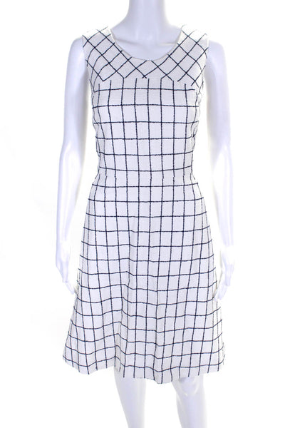 J Crew Womens Back Zip Crew Neck Check Knit Dress White Navy Cotton Size 12