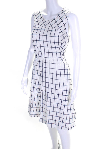 J Crew Womens Back Zip Crew Neck Check Knit Dress White Navy Cotton Size 12