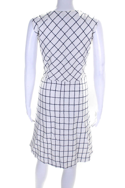 J Crew Womens Back Zip Crew Neck Check Knit Dress White Navy Cotton Size 12