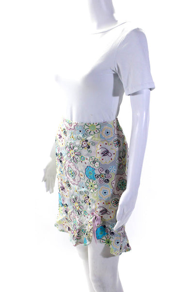 Nanette Lepore Womens Back Zip Floral Embroidered Silk Skirt Blue Purple Size 2