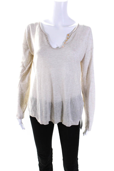 Zadig Womens Long Sleeve V Neck Knit Tee Shirt Beige Cotton Size Small