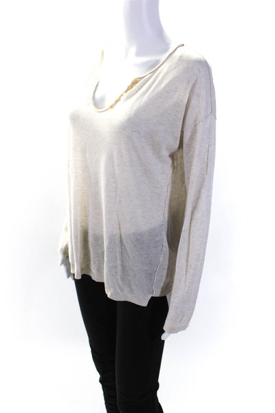 Zadig Womens Long Sleeve V Neck Knit Tee Shirt Beige Cotton Size Small