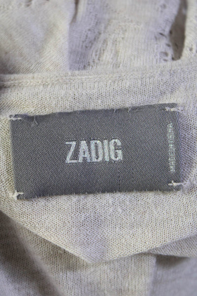 Zadig Womens Long Sleeve V Neck Knit Tee Shirt Beige Cotton Size Small