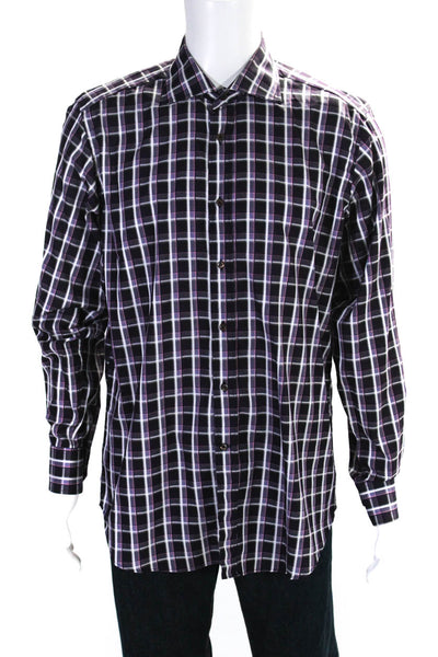 Etro Mens Purple Plaid Collar Long Sleeve Button Down Dress Shirt Size 41