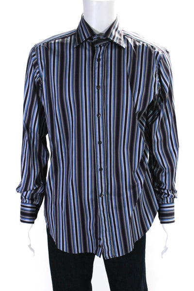 Etro Mens Blue Purple Striped Cotton Long Sleeve Button Down Dress Shirt Size 41