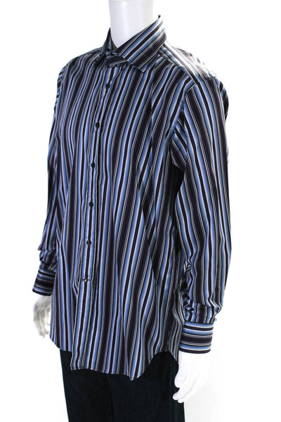 Etro Mens Blue Purple Striped Cotton Long Sleeve Button Down Dress Shirt Size 41