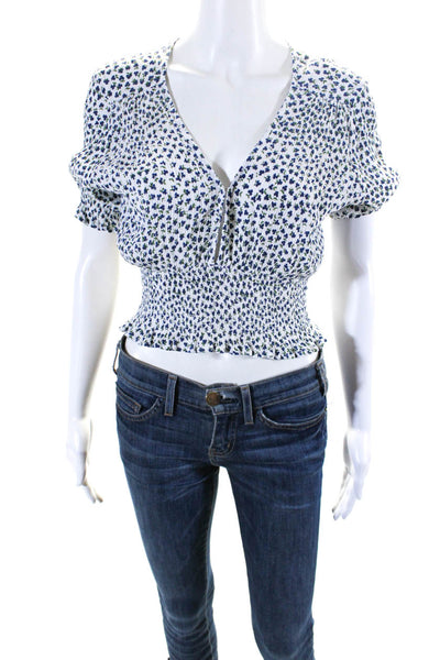 Faithfull The Brand Womens White Floral Smocked V-Neck Crop Blouse Top Size 6