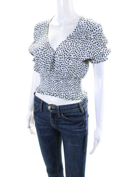 Faithfull The Brand Womens White Floral Smocked V-Neck Crop Blouse Top Size 6