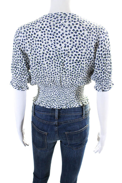 Faithfull The Brand Womens White Floral Smocked V-Neck Crop Blouse Top Size 6