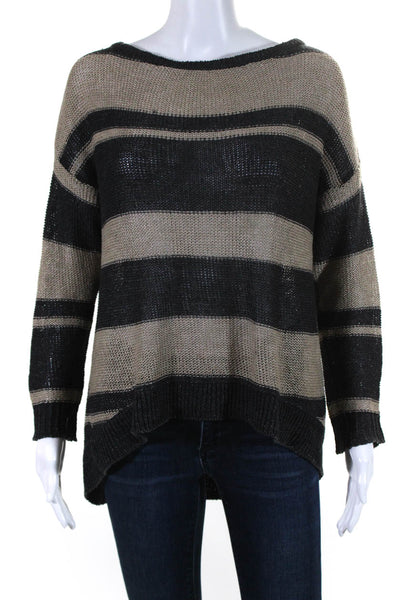 Joie Womens 3/4 Sleeve Scoop Neck Striped Open Knit Sweater Brown Gray Small