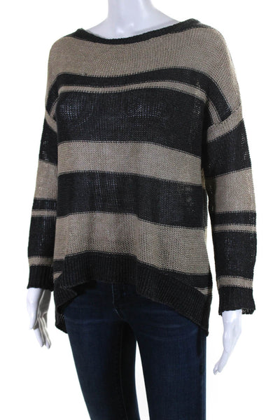 Joie Womens 3/4 Sleeve Scoop Neck Striped Open Knit Sweater Brown Gray Small