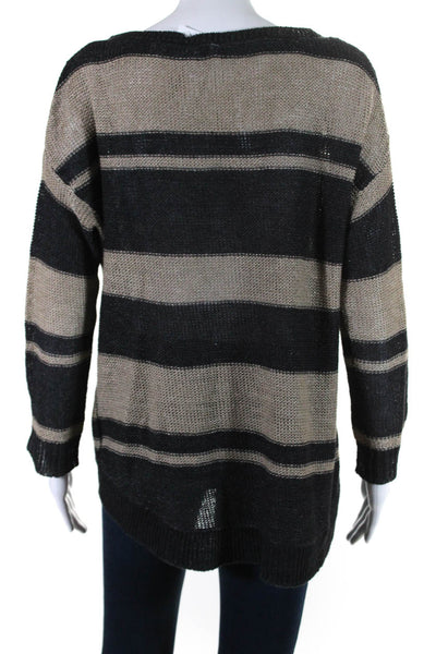 Joie Womens 3/4 Sleeve Scoop Neck Striped Open Knit Sweater Brown Gray Small