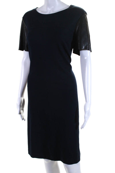 Donna Morgan Womens Back Zip Faux Leather Short Sleeve Dress Navy Size 14