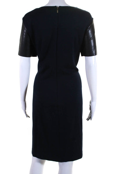 Donna Morgan Womens Back Zip Faux Leather Short Sleeve Dress Navy Size 14