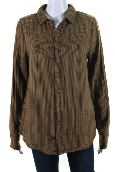 CP Shades Women's Collared Long Sleeves Button Down Plaid Shirt Brown Size S