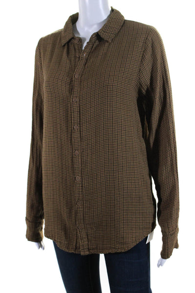 CP Shades Women's Collared Long Sleeves Button Down Plaid Shirt Brown Size S