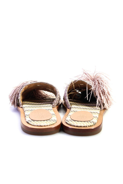 Sanchita Women's Open Toe Fringe Slip-On Flat Slide Sandals Beige Size 8