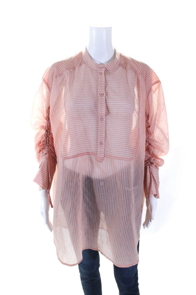 Munthe Womens Striped Print Ruched Long Sleeve Blouse Top Pink Size EUR38