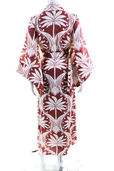 Johanna Ortiz Womens Carefree Walk Palm Tree Belted Kimono Red Linen Size Small