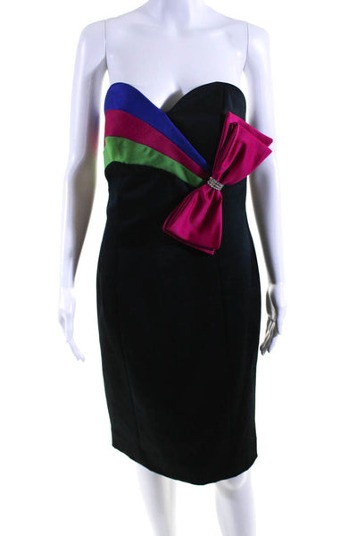 Leslie Fay Womens Strapless Sweetheart Striped Bow Satin Dress Black Size 10