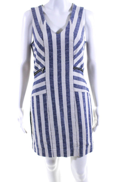 Rebecca Minkoff Womens Zip Up Sleeveless V Neck Striped Dress Navy White Size 6