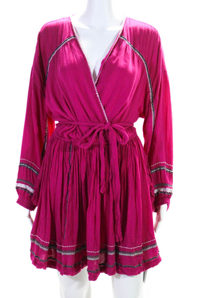 Free People Womens Long Sleeve Embroidered Trim Belted Dress Pink Size Small