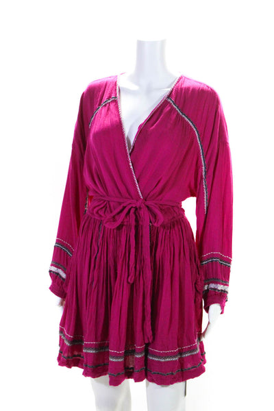 Free People Womens Long Sleeve Embroidered Trim Belted Dress Pink Size Small