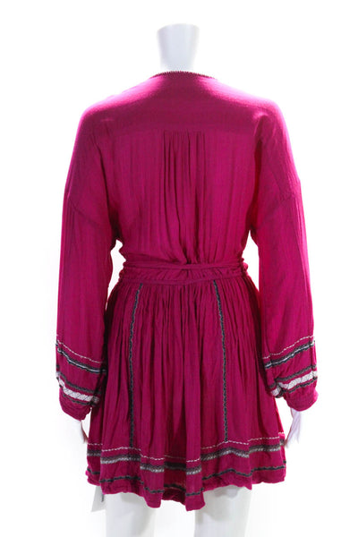 Free People Womens Long Sleeve Embroidered Trim Belted Dress Pink Size Small