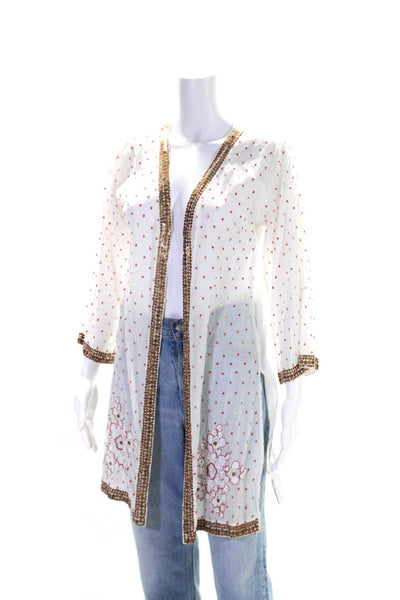 Letarte Womens Cotton Embroidered Sequined Long Sleeve Cardigan White Size S