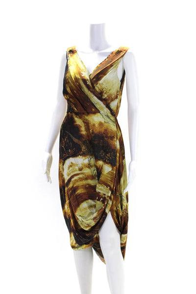 Gary Graham Womens Silk Abstract Print Draped Side Zipped Maxi Gown Brown Size 2